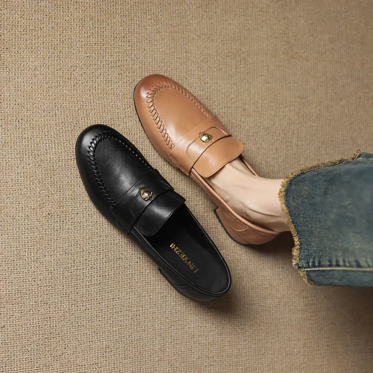 2.5cm 英伦风复古百搭粗跟乐福鞋春秋通勤休闲简约风时尚软底单鞋