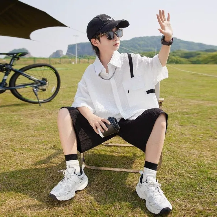 男童夏装衬衫套装2025新款儿童夏季薄款短袖中大童夏款洋气男孩潮