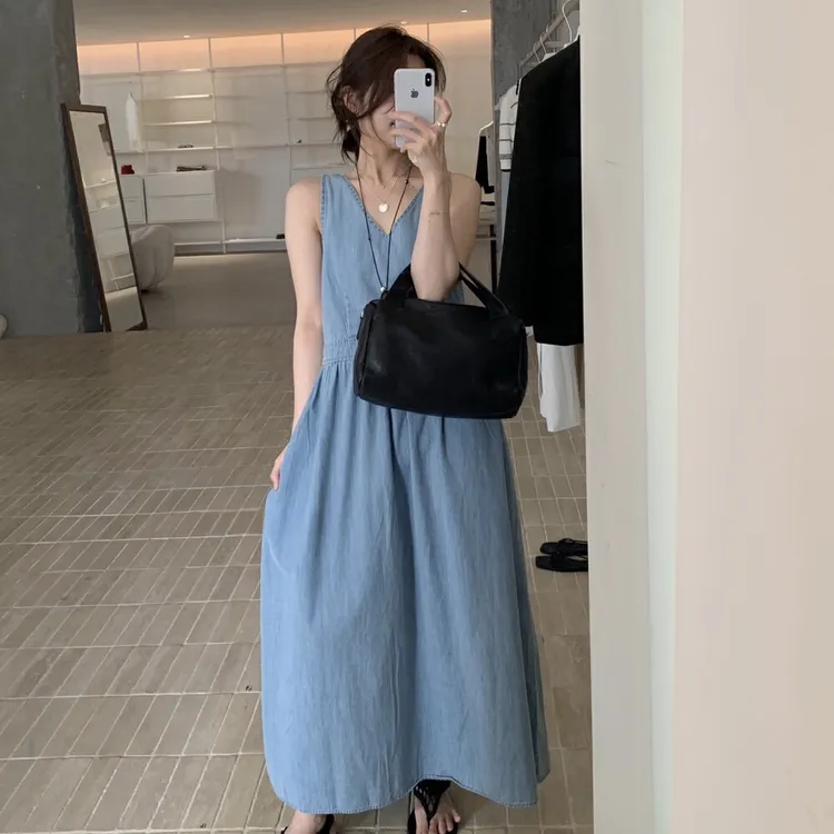 Cute Club 甜美复古水洗V领背心连衣裙夏季新款宽松休闲百搭裙子