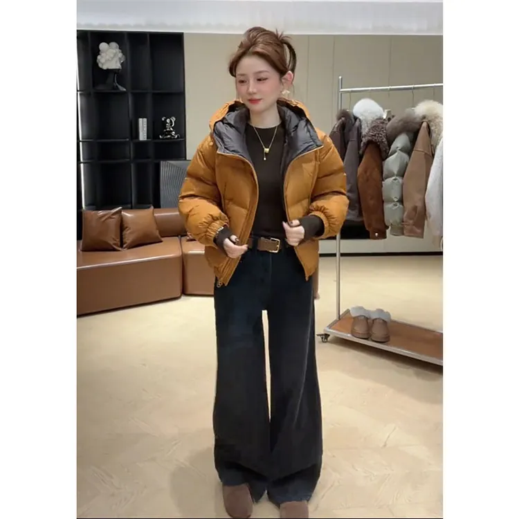小个子减龄复古气质高腰港风阔腿休闲裤时尚拼色连帽长袖棉服外套