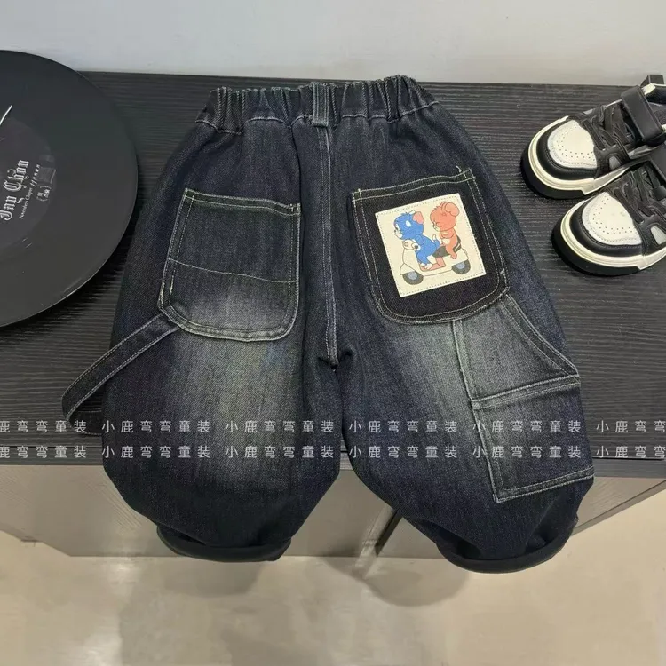 【小潮童】2025冬季新款儿童骑车老鼠加绒加厚一体绒牛仔裤D25026
