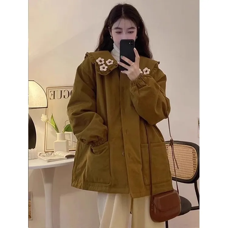 大码300斤高级感韩系娃娃领棉服外套女秋冬新款胖mm复古休闲棉衣