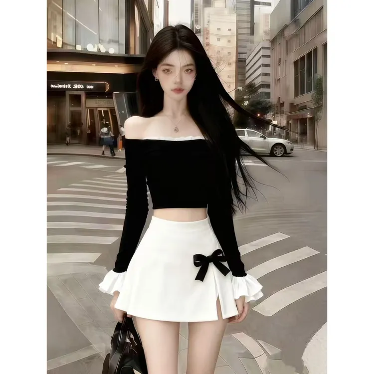 新款纯欲黑色一字领露肩抹胸短款长袖上衣+白色高腰半身裙两件套