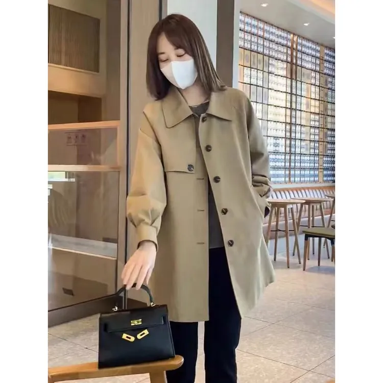 气质休闲风衣外套女春秋季中长款韩版宽松显瘦小个子大衣