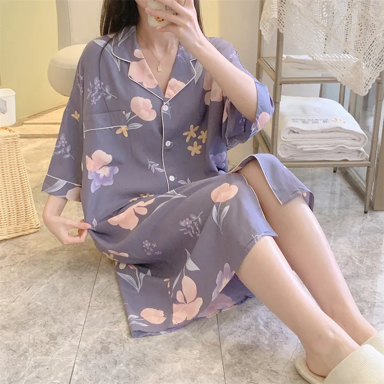 棉绸睡裙女春夏季新款大码印花衬衫裙欧版睡衣家居服可外穿优雅风
