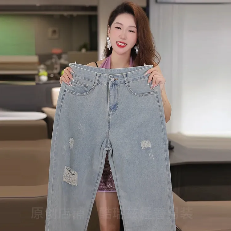 2025夏季爆款高街美式男士休闲牛仔裤百搭破洞复古怀旧宽松直筒裤