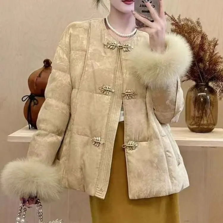 冬季新中式国风盘扣提花圆领棉服外套毛毛袖保暖气质大码女装棉衣