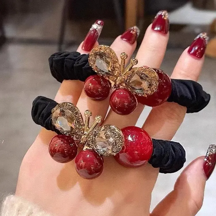 安可拉红色蝴蝶镶钻发圈头绳女高端网红扎头花高弹力马尾发绳皮筋