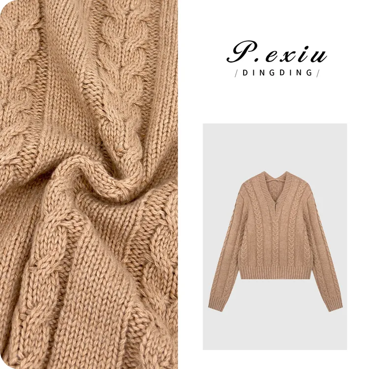 羊毛复古麻花老钱风V领纽扣长袖针织上衣L2801