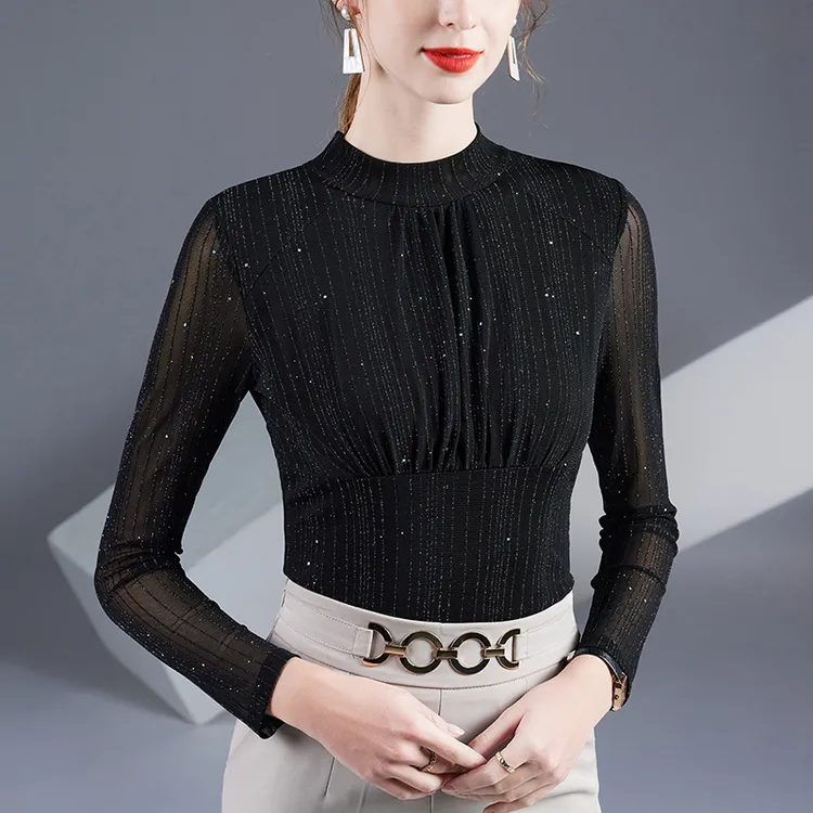 秋季新款褶皱遮肚修身网纱打底衫女长袖t恤洋气内搭时尚小衫上衣