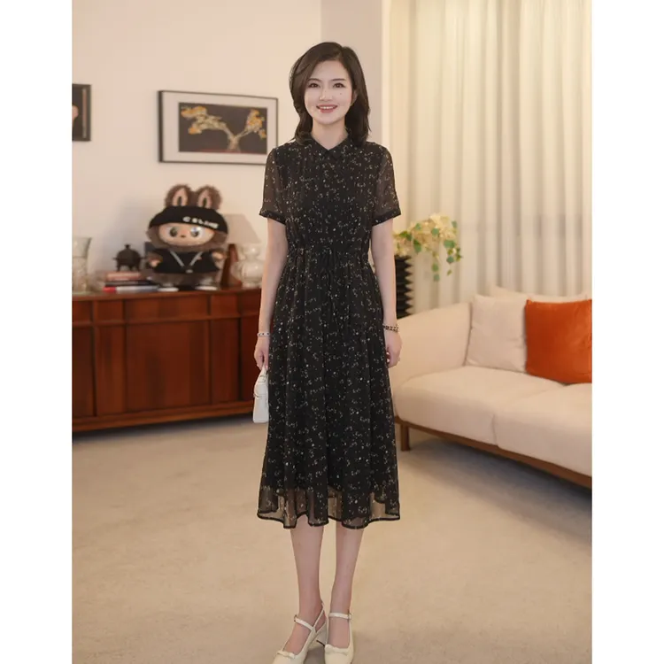 枫竺阿楠anan 翻领短袖印花雪纺连衣裙女夏季新款中长款显瘦A字裙