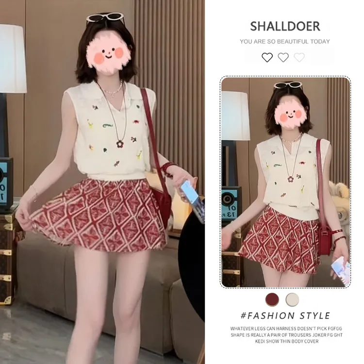 多巴胺服装女时尚洋气复古减龄无袖针织衫+印花短裙两件套韩版潮