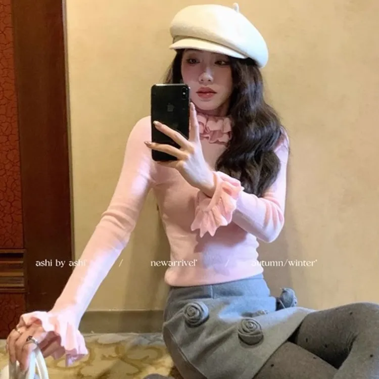 韩系甜美温柔花边荷叶领针织打底衫女冬季新款软雅秋冬款开衫毛衣