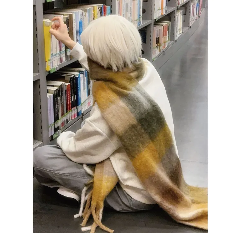 Honey Puppy琥珀流光美拉德黄格子流苏围巾保暖情侣披肩围脖男女