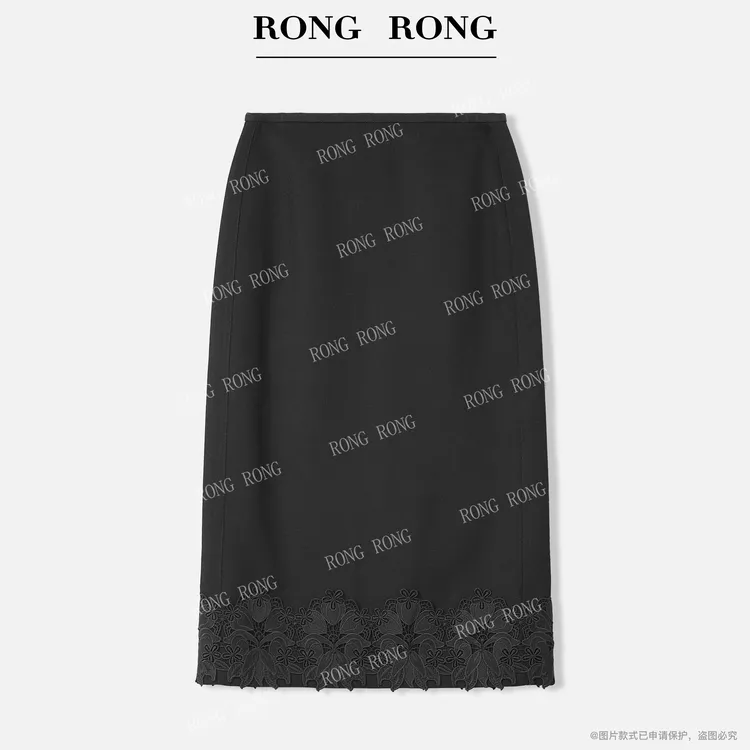 溶溶【云墨晚烟】RONGRONG 斜纹蕾丝花边拼接下摆优雅风半身裙k0636