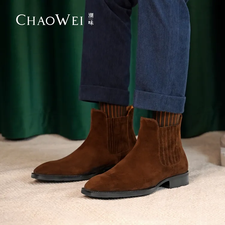 潮味2025秋冬新品反绒切尔西靴方头百搭时尚舒适防滑橡胶底B750