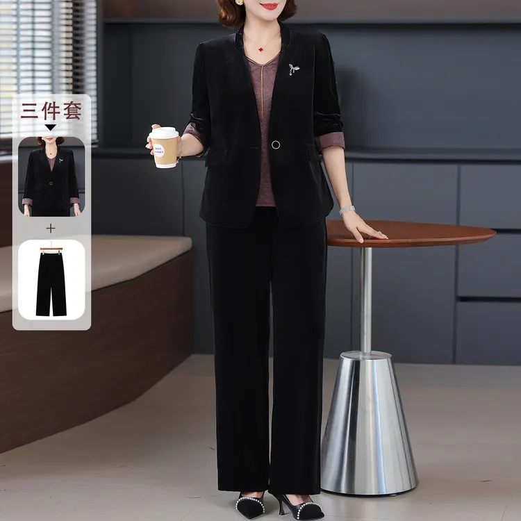 妈妈秋装端庄大气金丝绒套装中老年女装春秋西装外套上衣服三件套