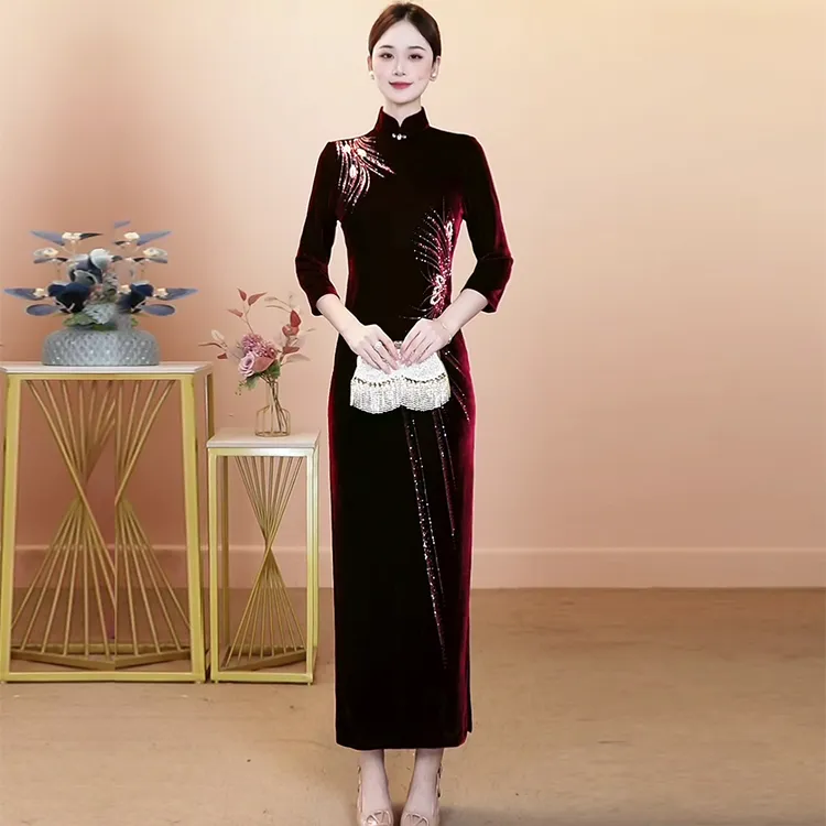 高端喜妈妈婚宴装改良丝绒旗袍遮肚子礼服高品质喜婆婆礼服秋冬季