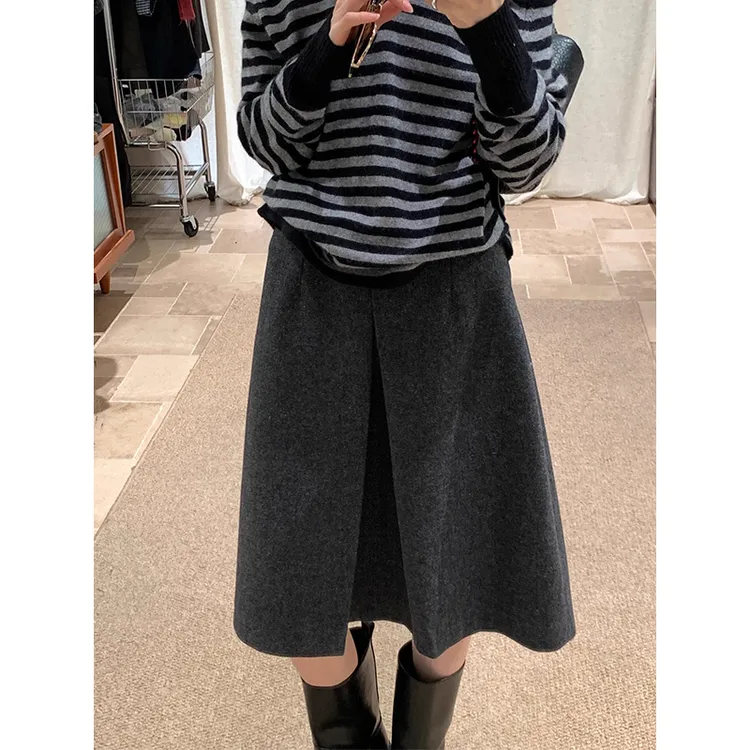 耶古复古深灰色毛呢半身裙女秋冬款显瘦高腰简约a字裙设计感中裙