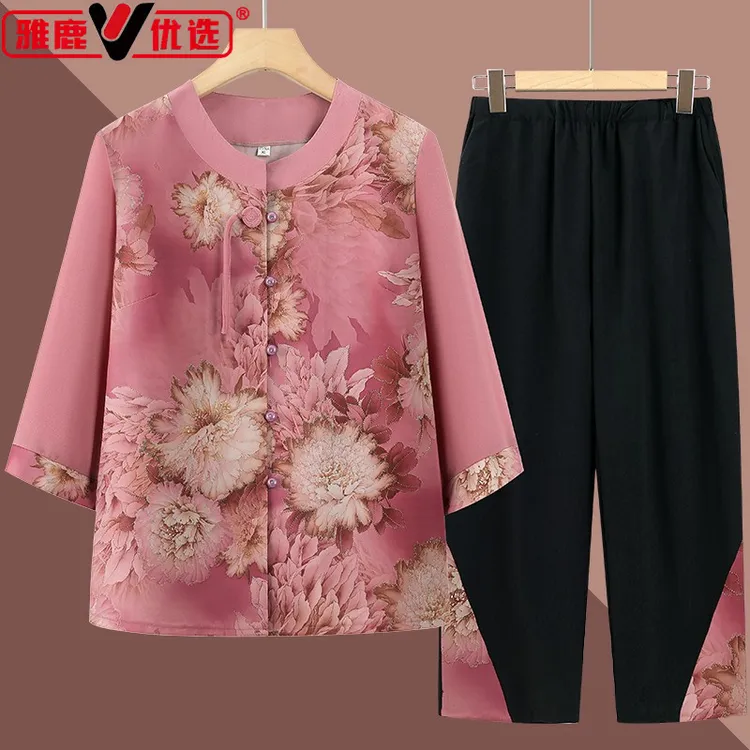 雅鹿优选中老年妈妈夏季套装女老人太太中袖衬衫新中式奶奶仿仿真