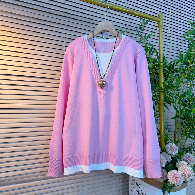 9815胖妹妹时尚设计感休闲百搭款拼色假两件套头针织衫