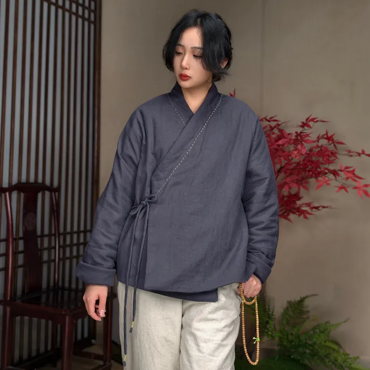 【经典古巷】冬季中式复古宽松棉麻国风斜襟系绳加厚小汉服禅意棉衣