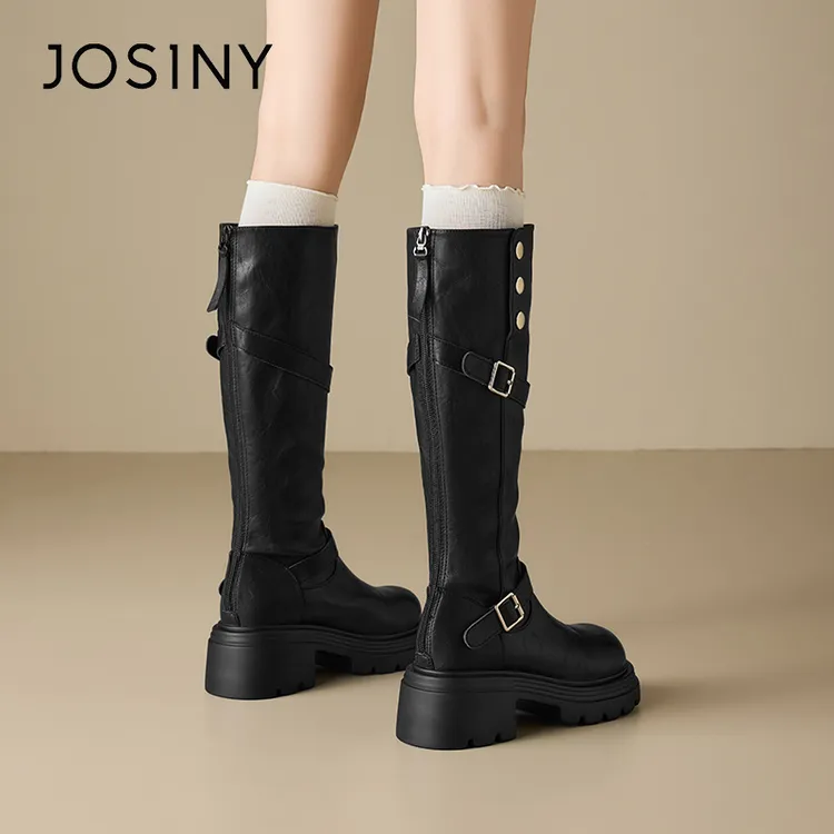 卓诗尼黑色英伦风气质骑士靴2025秋冬新款厚底高筒靴502A82464