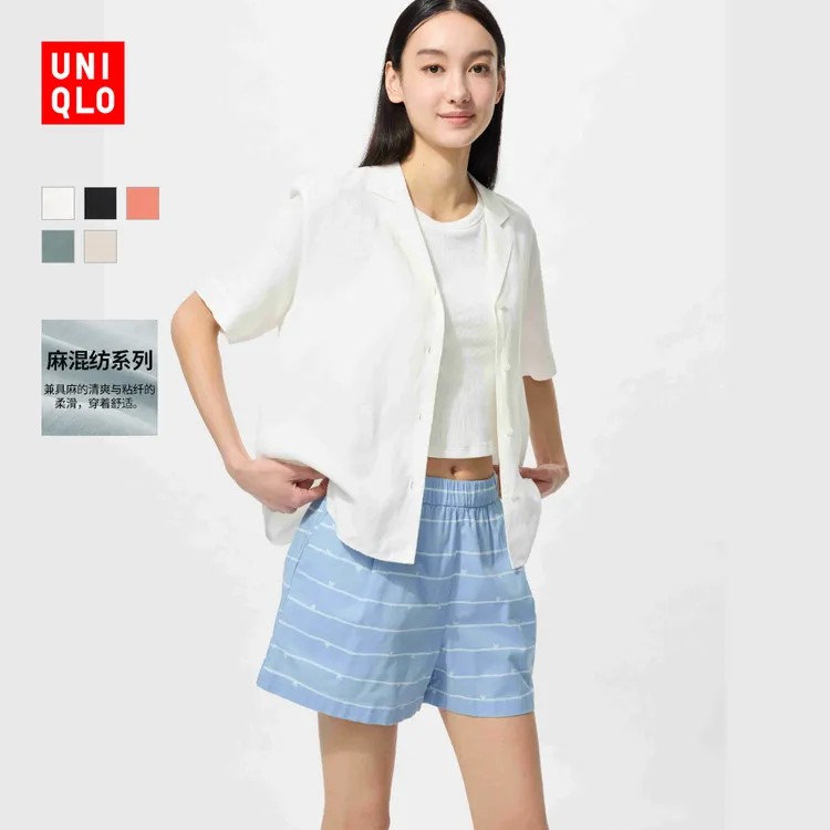 优衣库女装麻混纺开领衬衫/短袖休闲衬衣上衣475651