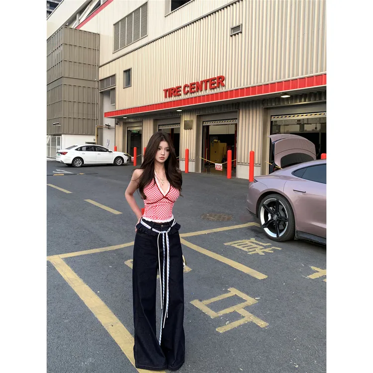 轻奢！深蓝色牛仔裤女设计感洗水直筒宽松阔腿拖地休闲长裤超火的