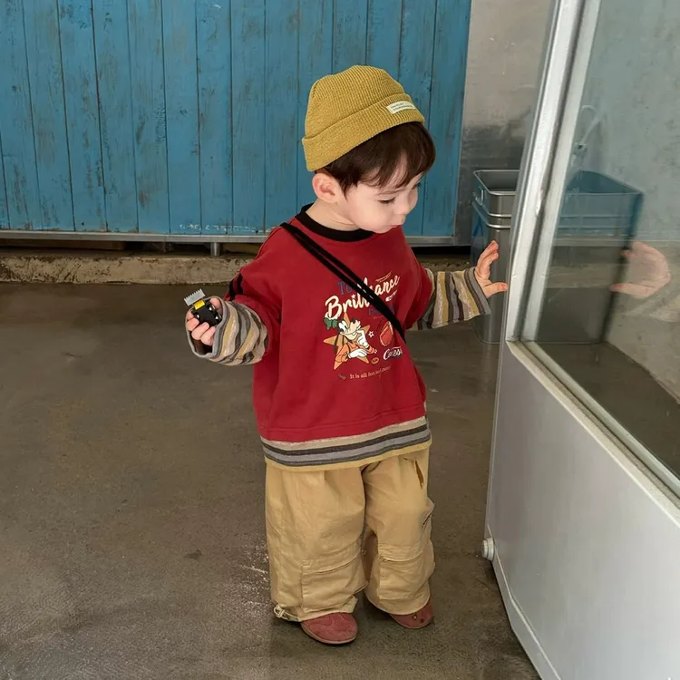 韩版童装男童秋装长袖t恤2025新款宝宝时髦简约宽松百搭假两件衫