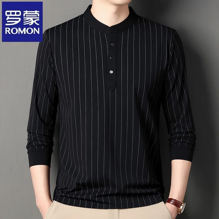 罗蒙高档竖条纹圆领长袖t恤衫春秋季时尚百搭商务立领中年体恤衫