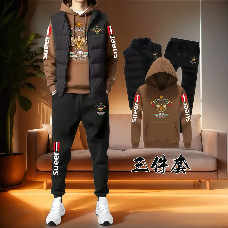 秋冬男士连帽马甲卫衣加绒加厚保暖休闲运动时尚潮流套装保暖长袖