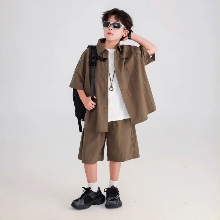 男童夏装酷帅短袖衬衫休闲套装2025新款儿童男孩夏日冰丝速干衣服