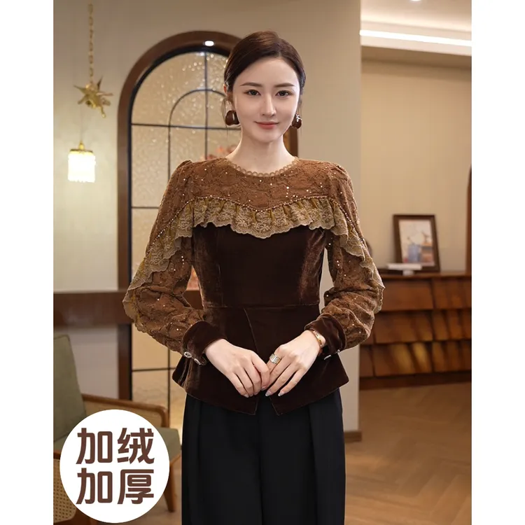 2026秋冬新款【H-D292】轻奢名媛气质咖色法式蕾丝拼接长袖衬衫上