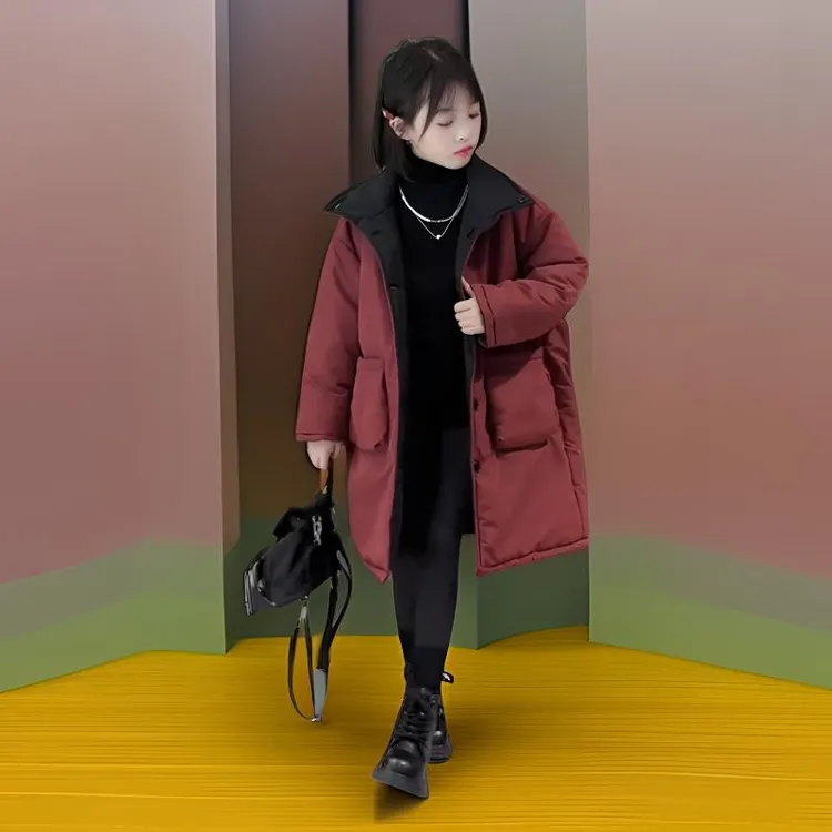 女童棉衣2025冬季新款韩版大童两面穿棉服儿童洋气中长款加厚棉袄