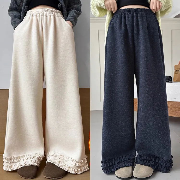 女童糯米裤秋冬款2025新款儿童洋气花边直筒裤加绒加厚宽松阔腿裤