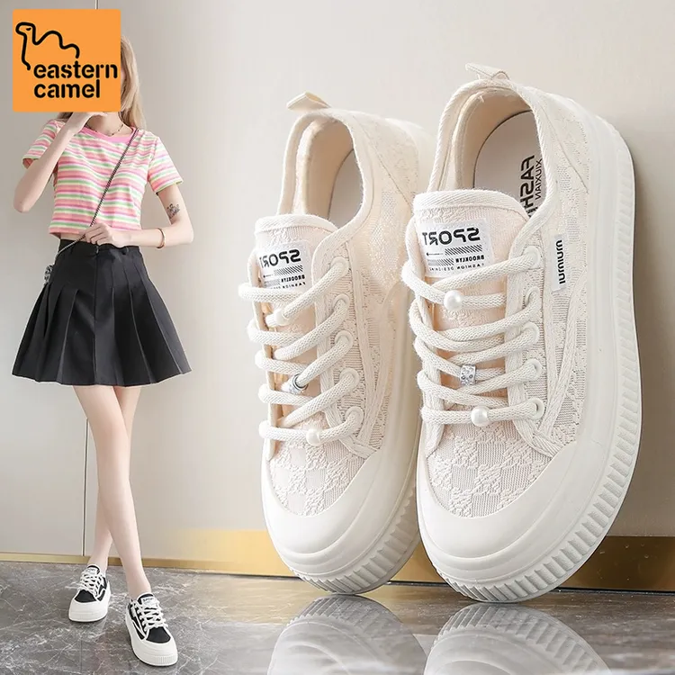 东方骆驼渔夫网鞋女夏季2025款配裙子小白鞋蕾丝透气休闲运动板鞋