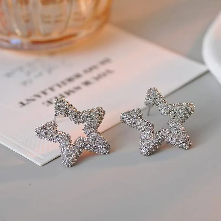 铜合金锆石耳饰 屿希【耳边星光】满钻星星耳环925银针耳饰M0119