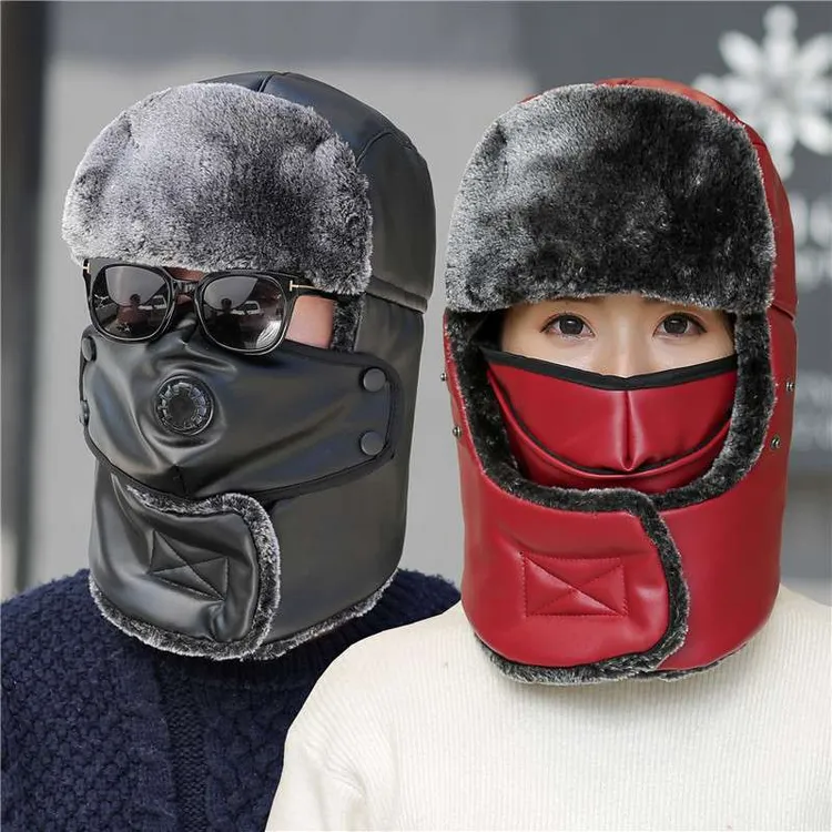 帽子男士冬季户外骑车防寒保暖雷锋帽中老年爸爸pu撞色保暖绒线帽