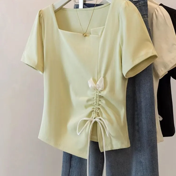 大码不规则抽绳方领短袖t恤女夏季新款胖mm宽松显瘦百搭外穿上衣