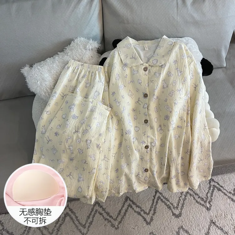 睡衣女春秋季长袖2025新款带胸垫公主风设计感冬天家居服小熊套装