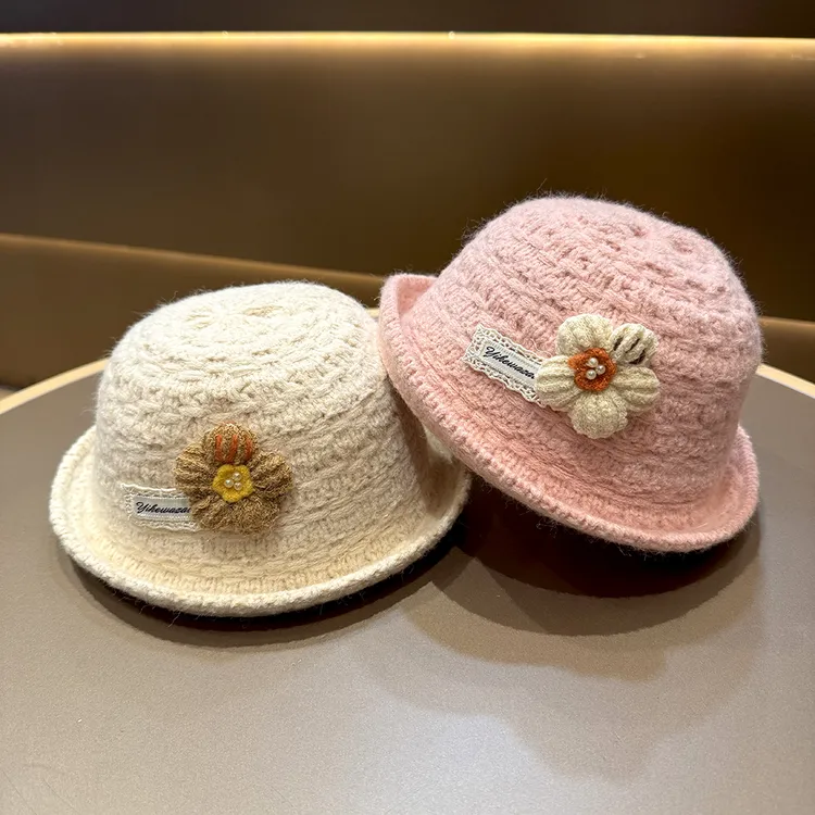 宝宝帽子秋冬甜美可爱小花针织渔夫帽韩版公主帽女童时尚百搭盆帽