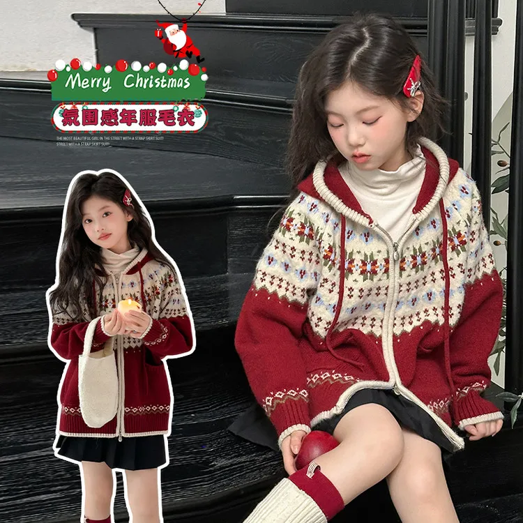 冬季新款女童毛衣潮童穿搭3-12岁休闲韩版圣诞毛衣开衫加厚毛衣