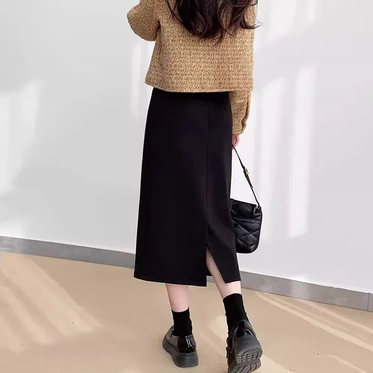 黑色毛呢半身裙女秋冬2025新款中长款百搭厚款包臀A型直筒一步裙