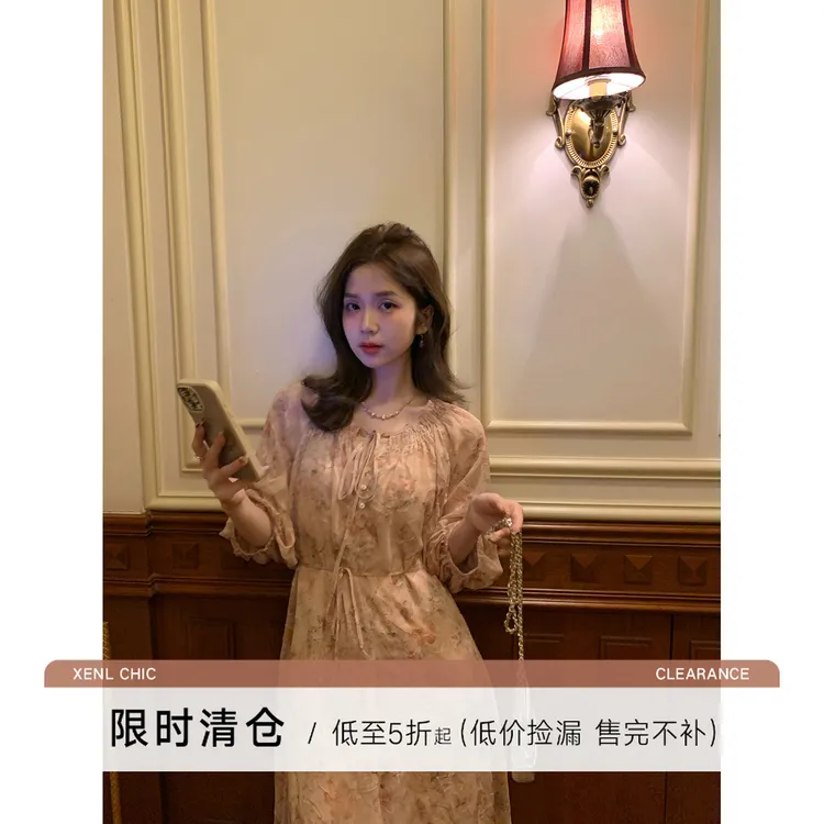 清仓陳文文【莫奈花园】温柔风中袖碎花连衣裙女绑带国风长裙L3988