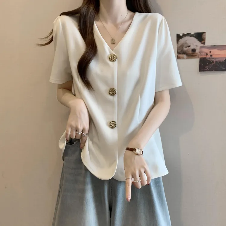 小香风V领短袖打底衬衫女夏季2025新款大码胖妹妹感法式轻奢上衣