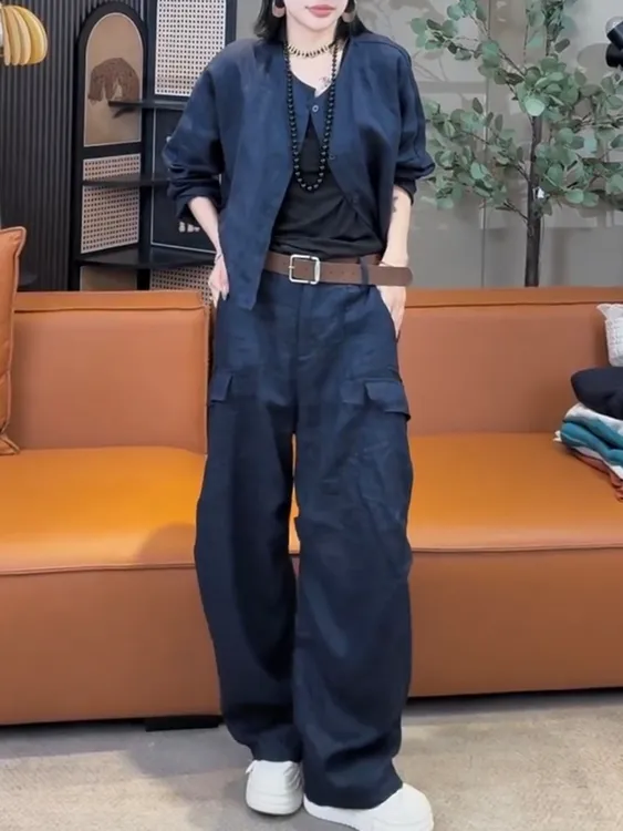 女森说夏季薄款痞帅风休闲套装透气棉麻长袖外套工装长裤两件套