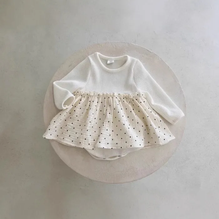 韩版ins春秋季节连体包屁哈裙圆点裙摆爬服女宝宝弹力波点哈衣