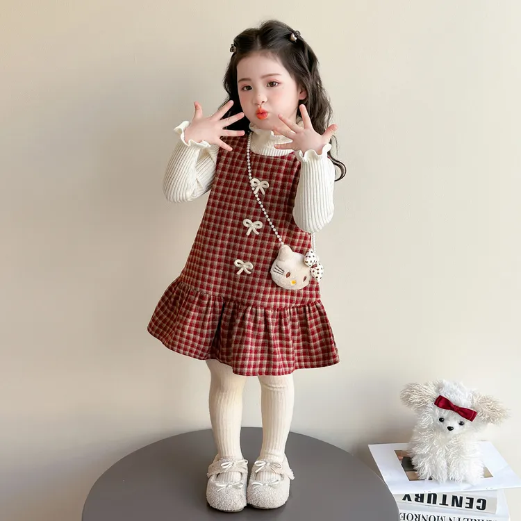 女童冬款裙子套装2025新款女宝冬天加绒背心裙打底两件周岁礼服裙