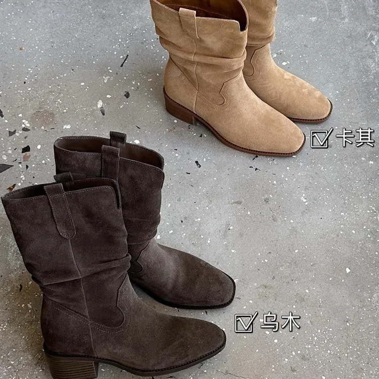 保暖粗跟增高圆头套筒胶粘鞋短靴方头高筒靴靴子女靴